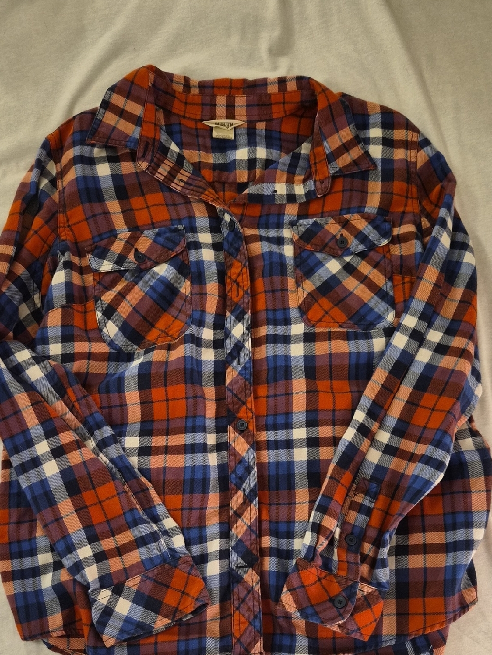 Duluth Plaid Button-Up Flannel Shirt in Orange, Blue & White